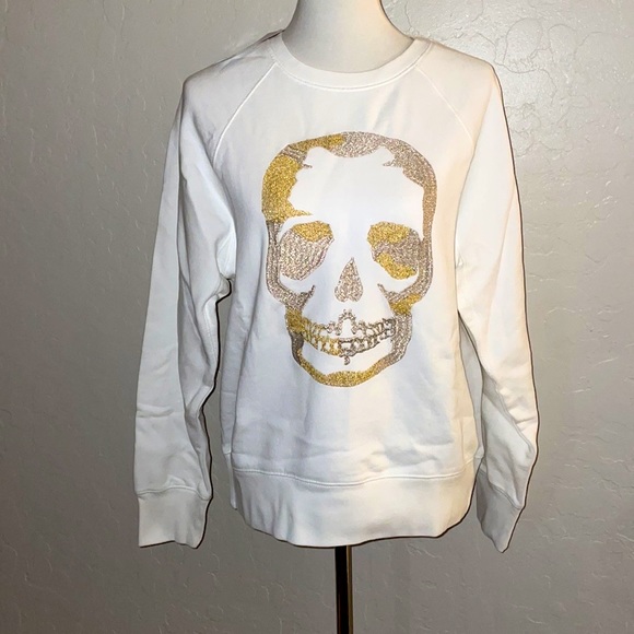 🎉HP🎉NEW Zadig And Voltaire White Upper Gold/Slv Glitter Skull Sweatshirt Sz M✨ - Picture 2 of 13